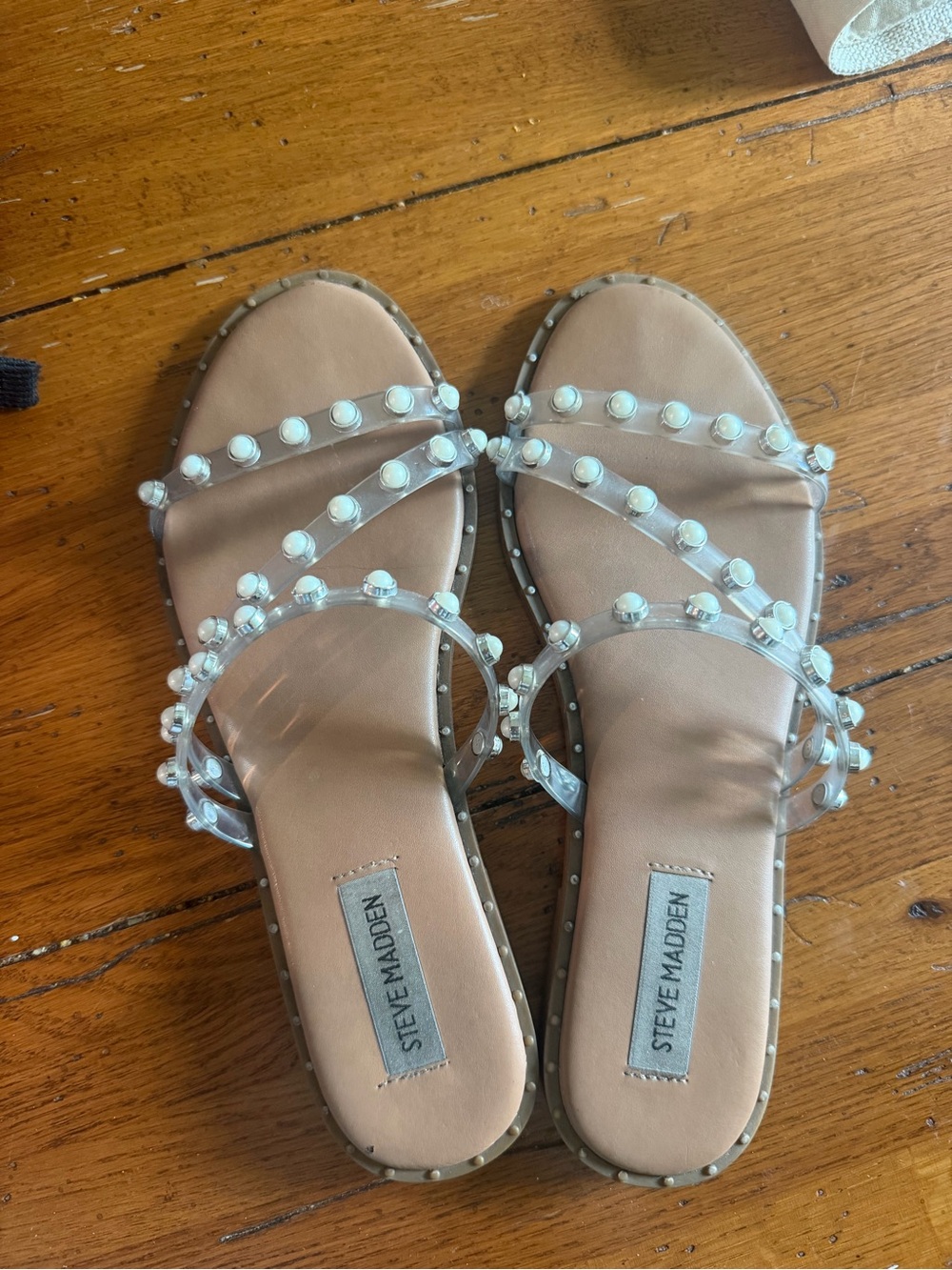 Steve Madden Clear Pearl-Trim Slide Sandals - Nude